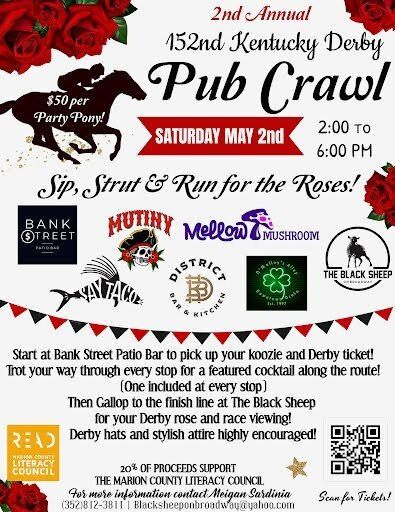 Kentucky Derby pub crawl flyer. Saturday May 2nd, 2-6pm. Starts at Bank Street. Features cocktails, Derby hats encouraged.