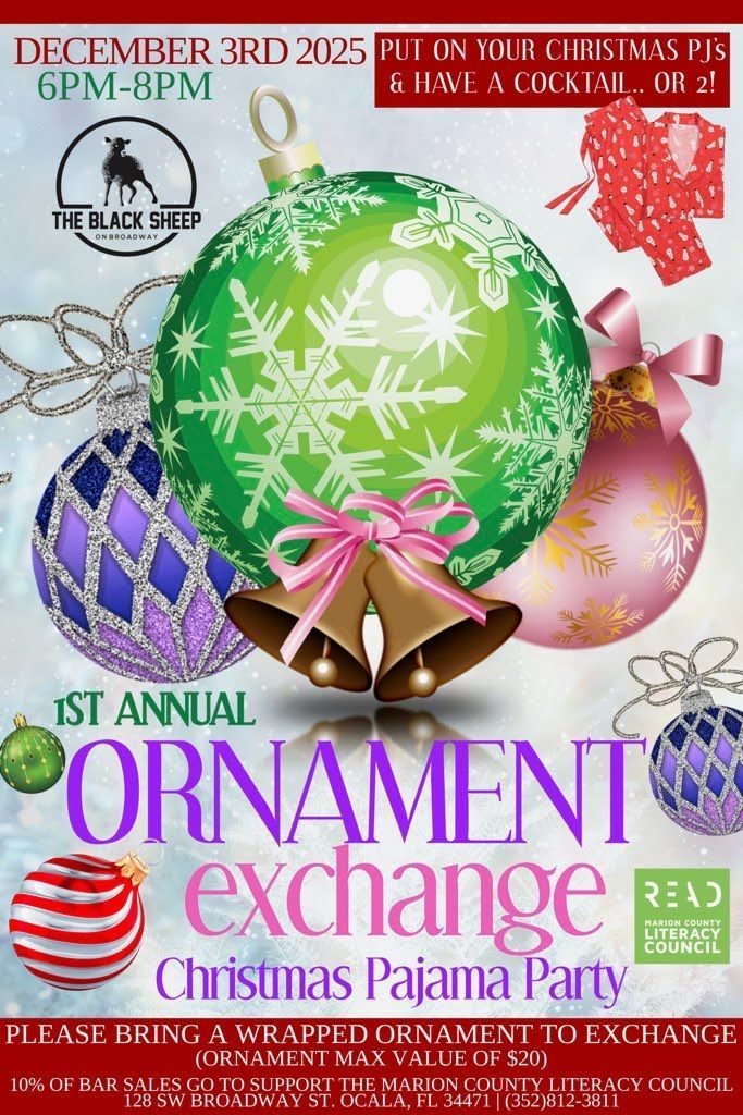 Christmas pajama party flyer: Ornament exchange. Green, purple, and pink ornaments.