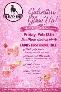 Pink Galentine's Day party flyer for The Black Sheep with drink specials, live music, and 