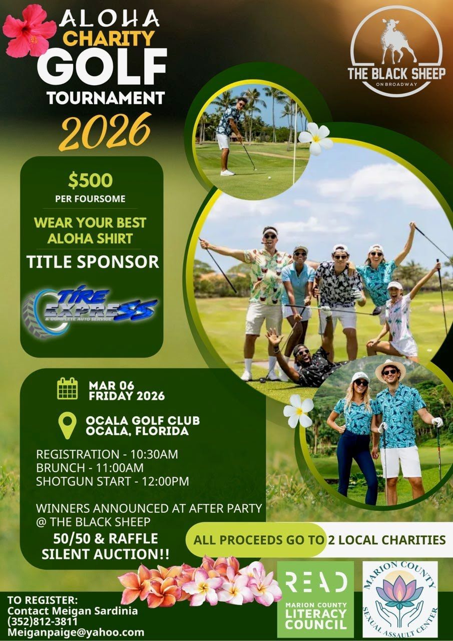 Aloha Charity Golf Tournament 2026. Golfers in aloha shirts, Ocala, FL. Includes event details, sponsors, and logos.