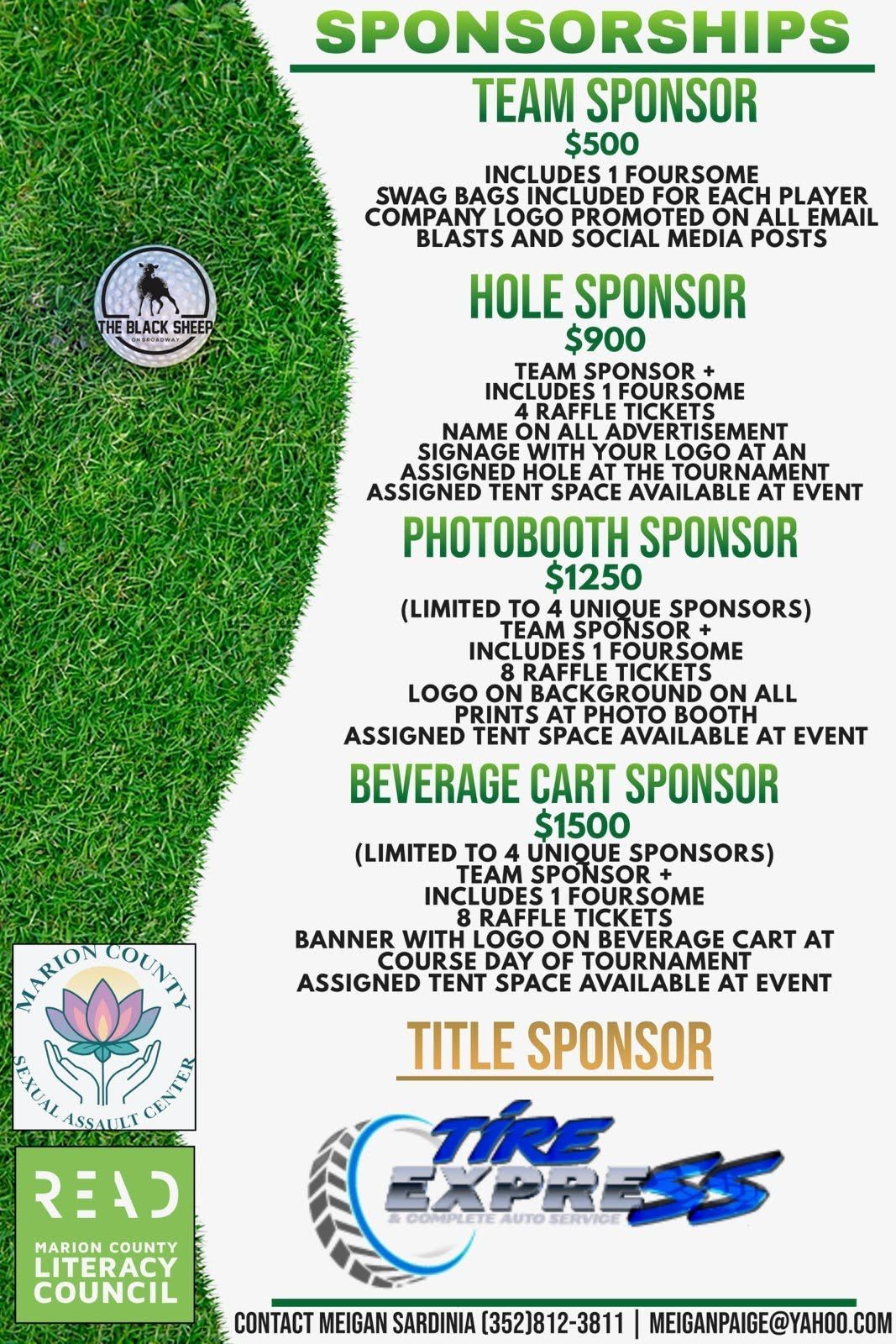 Golf tournament sponsorship flyer listing options with prices, logos, and details.