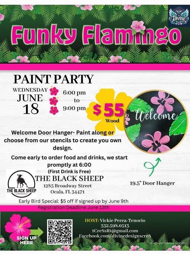 A poster for a paint party called Funky Flamingo.