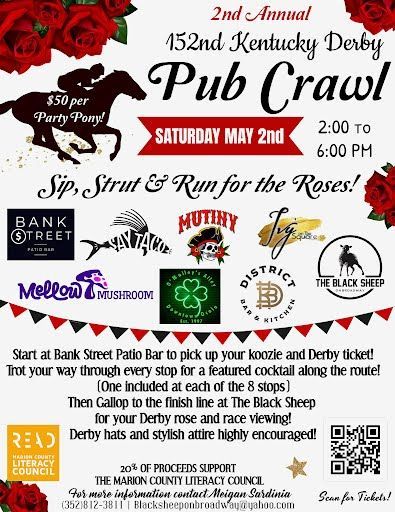 Poster for the 2nd Annual 152nd Kentucky Derby Pub Crawl with a horse illustration and event details.