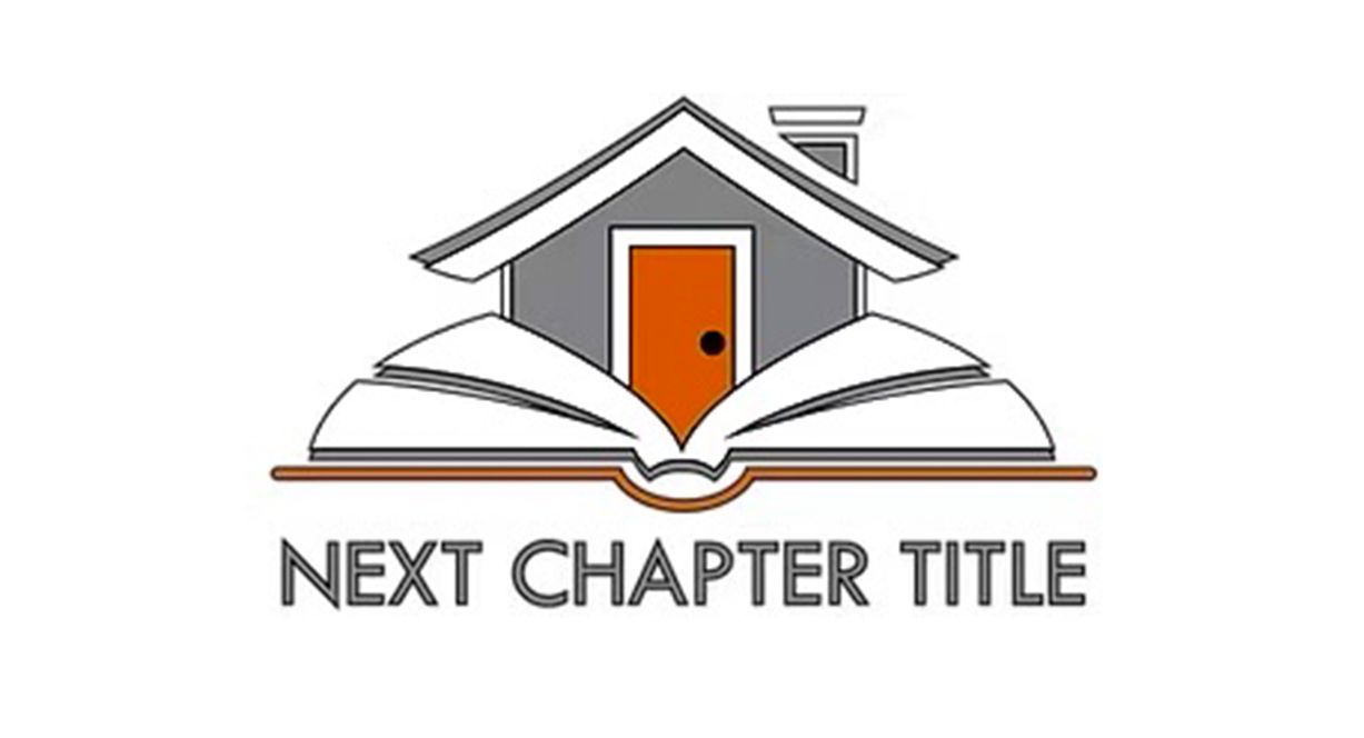 Logo for Next Chapter Title featuring an orange door integrated into a gray house resting on an open book.