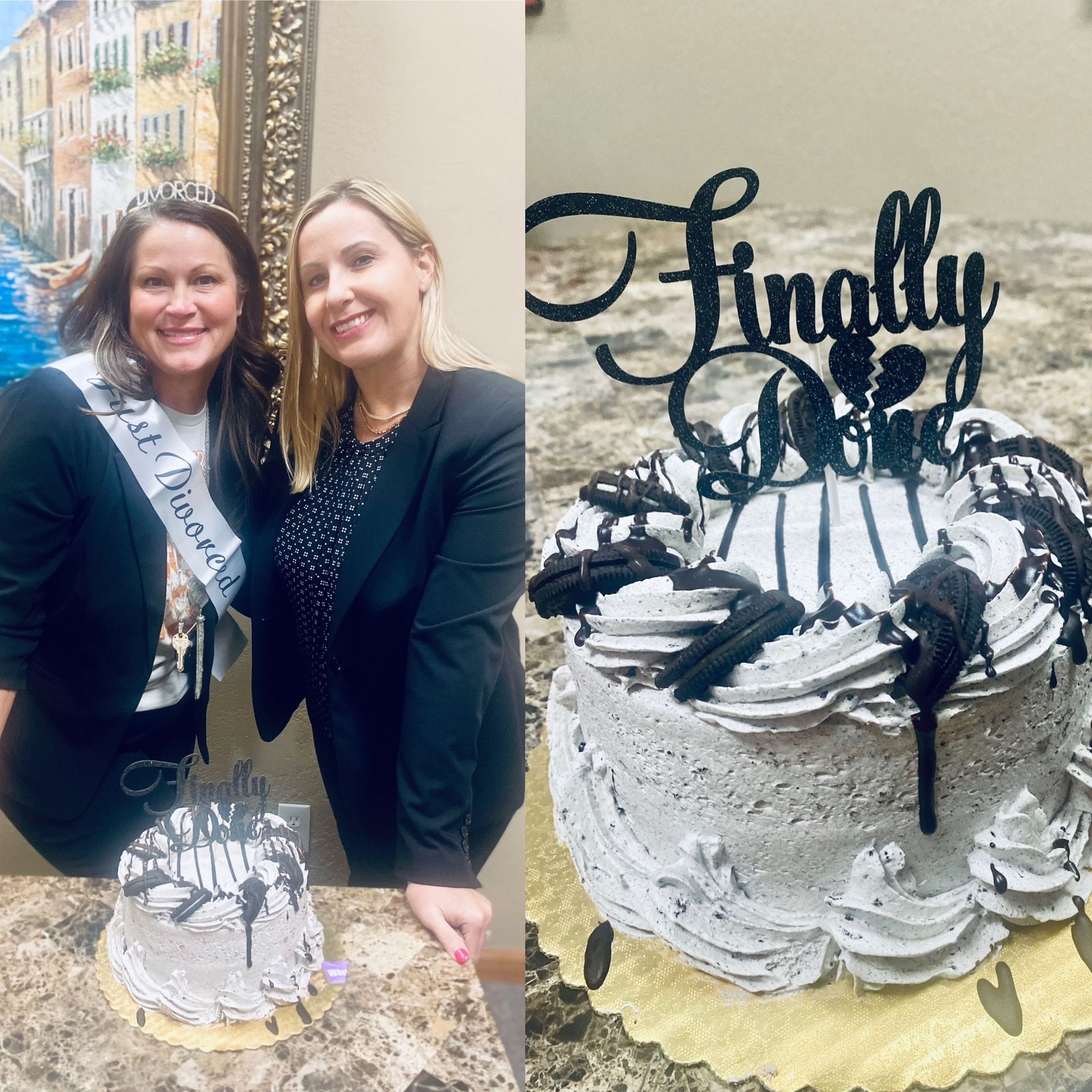 Two women are posing for a picture next to a cake.