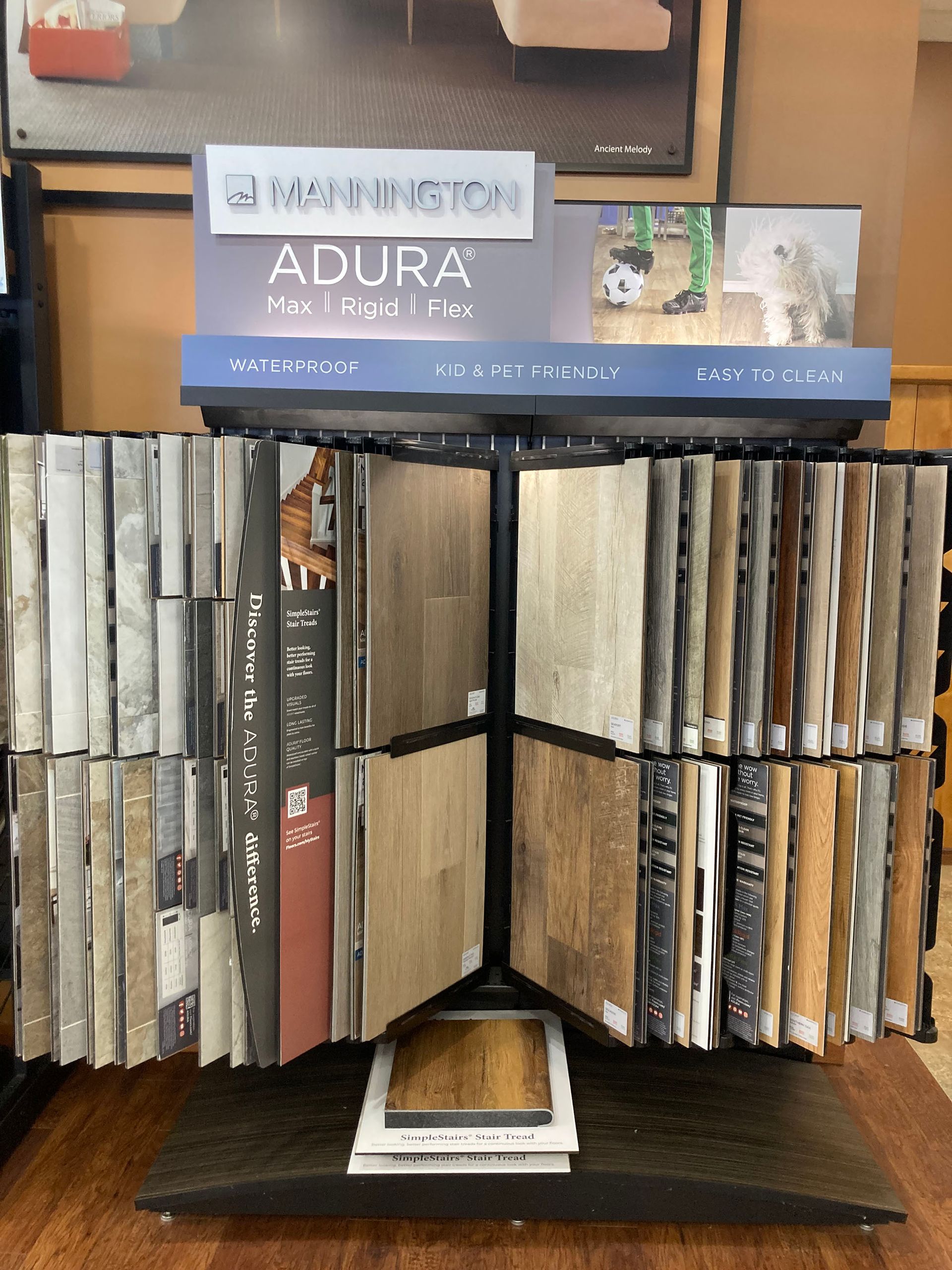 A display of different types of flooring including a dura brand
