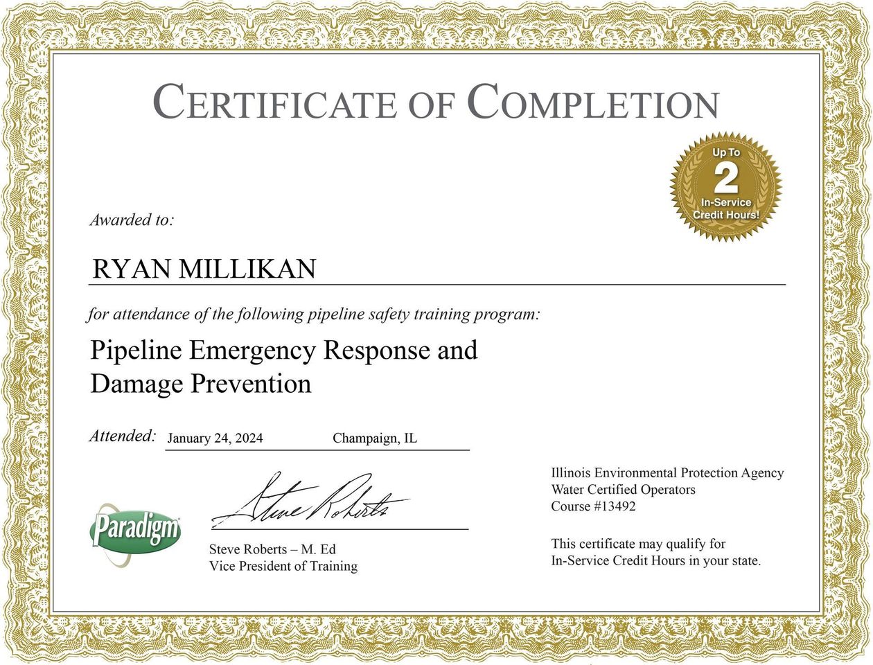 Certificate of completion for Ryan Millikan, Pipeline Emergency Response and Damage Prevention training.
