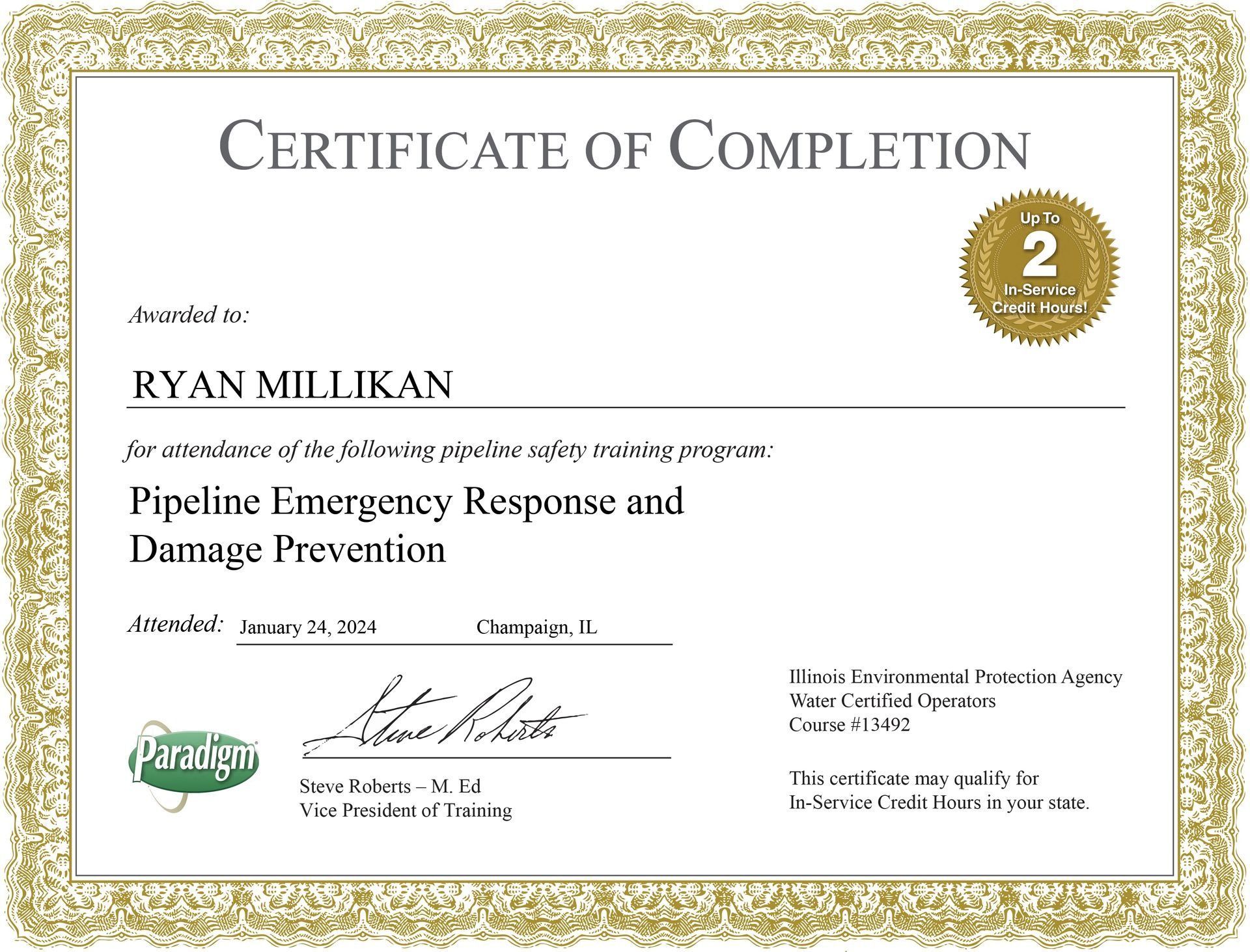 Certificate of completion for Ryan Millikan, Pipeline Emergency Response and Damage Prevention training.