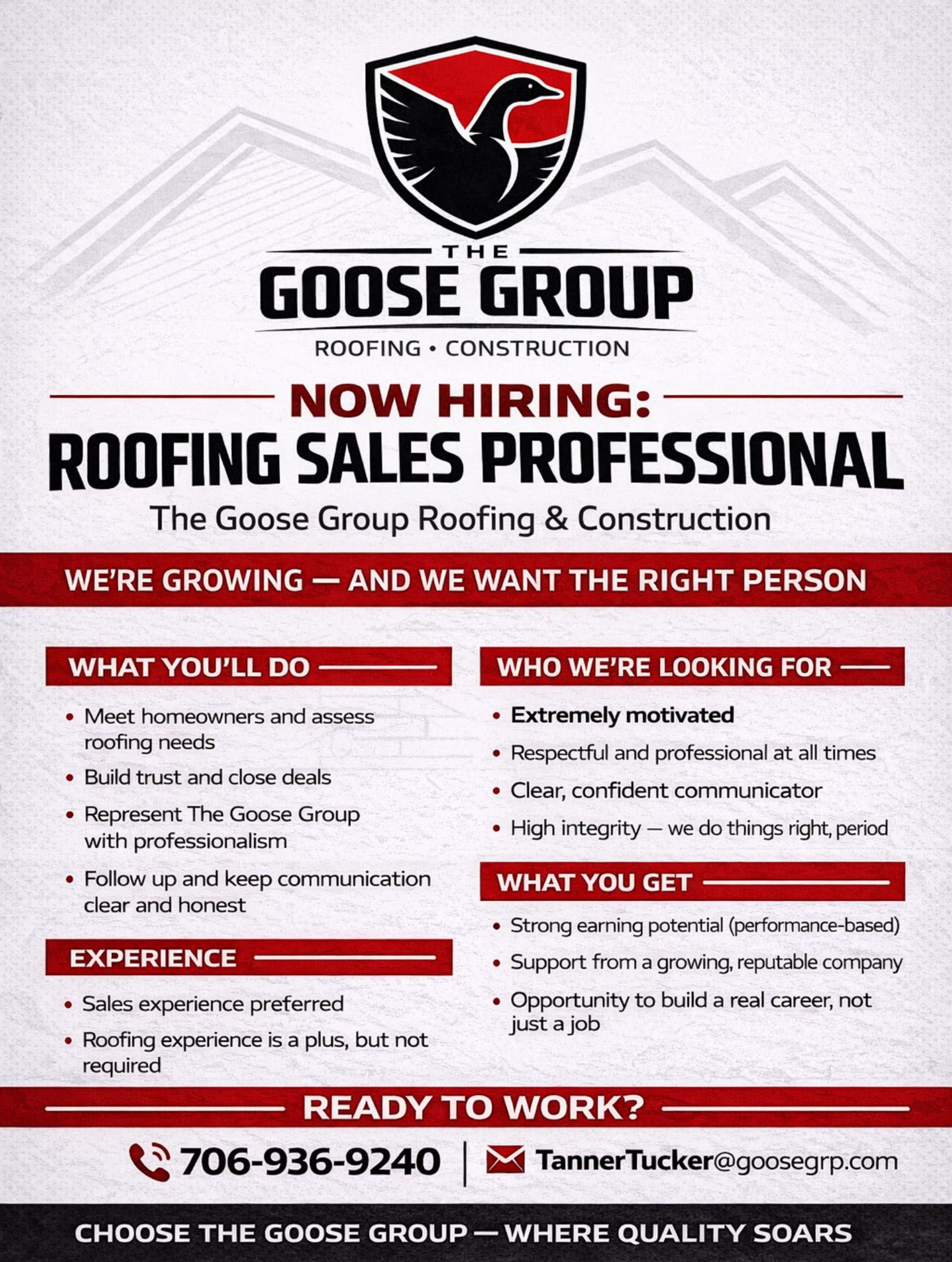 Goose Group hiring roofing sales professionals, black and red construction flyer with job details.