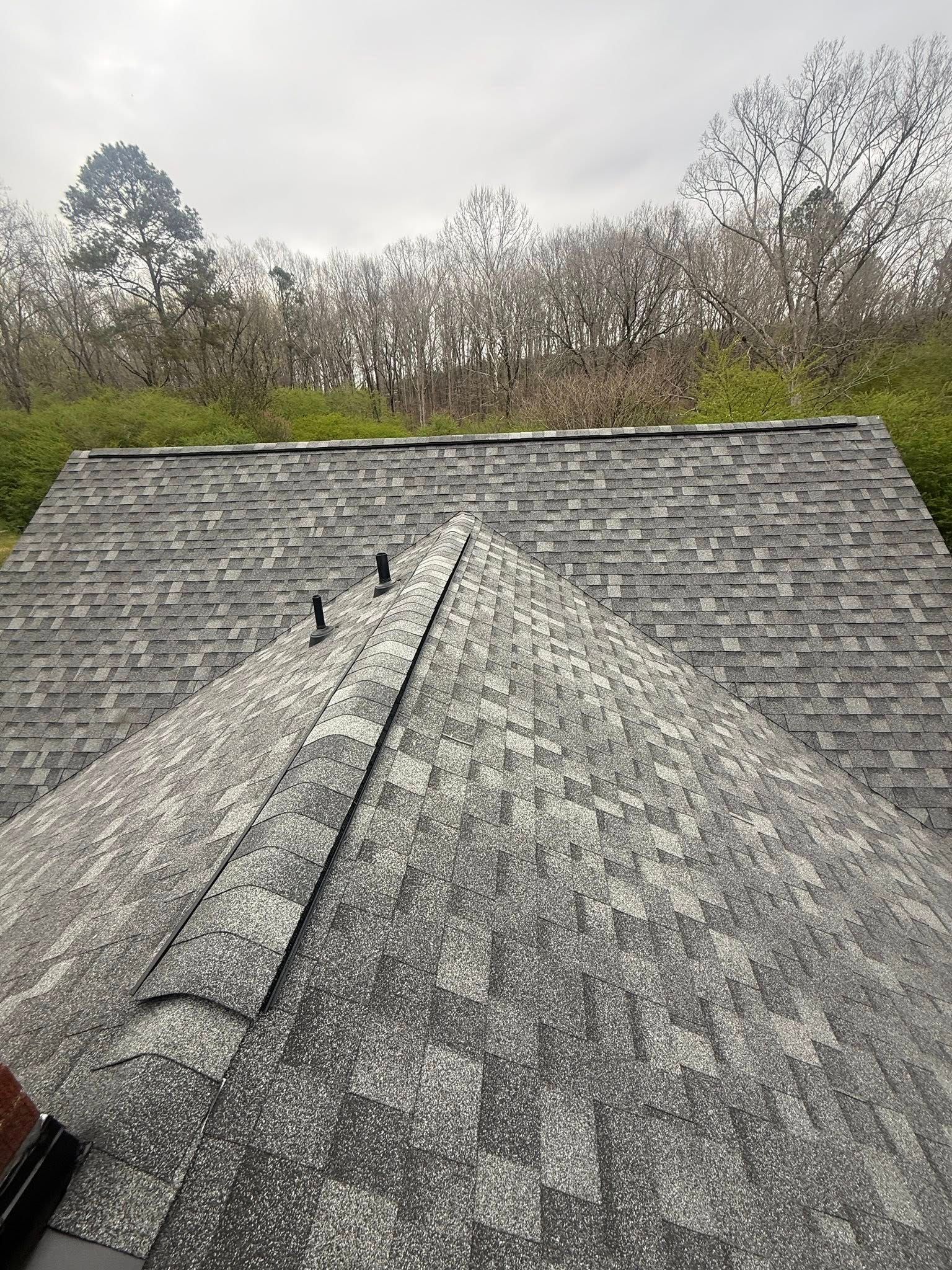 Gray shingled roof with a front gable, viewed from above with trees in the background
