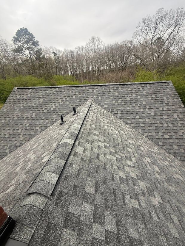 Gray shingled roof with a front gable, viewed from above with trees in the background