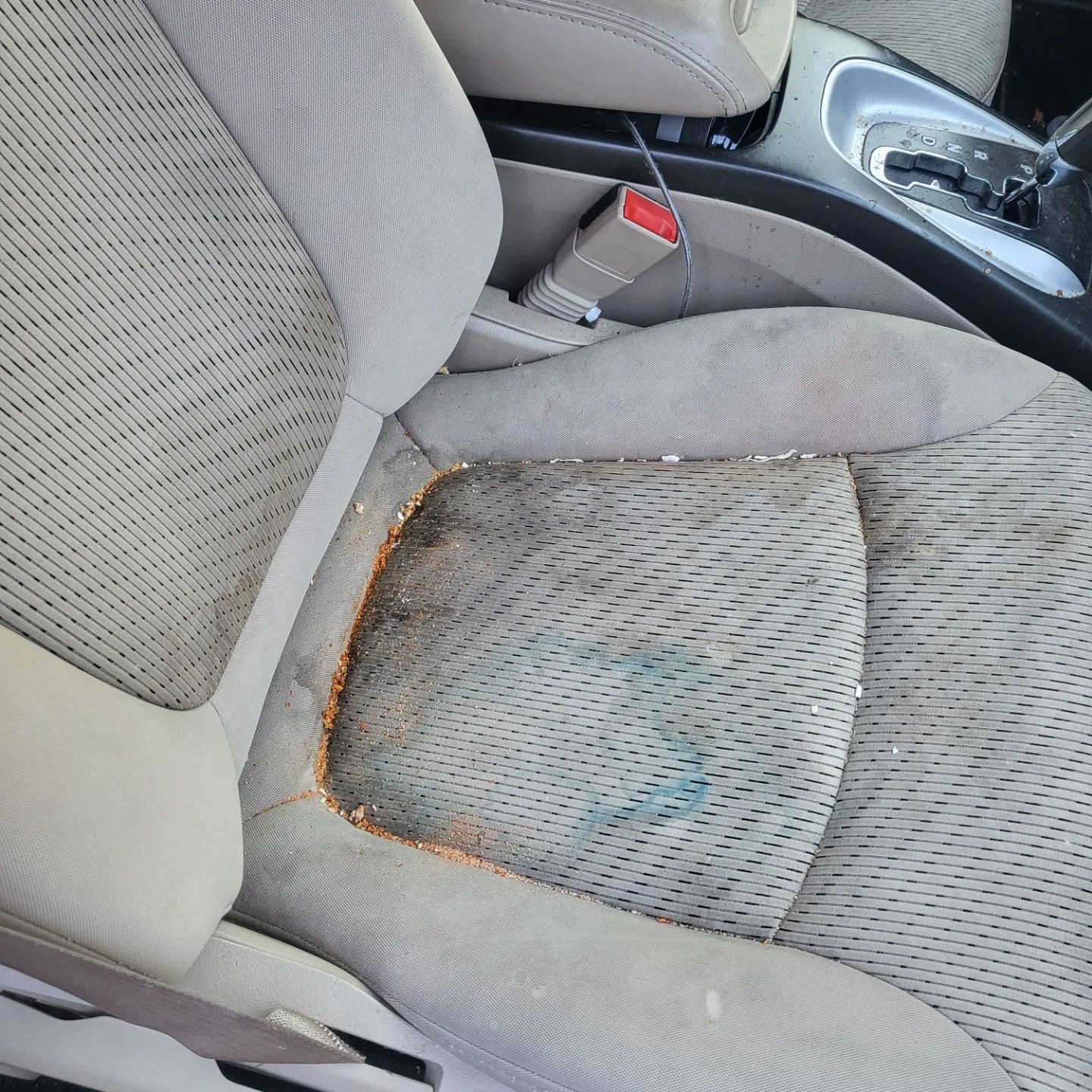 A car seat with a hole in it and a stain on it