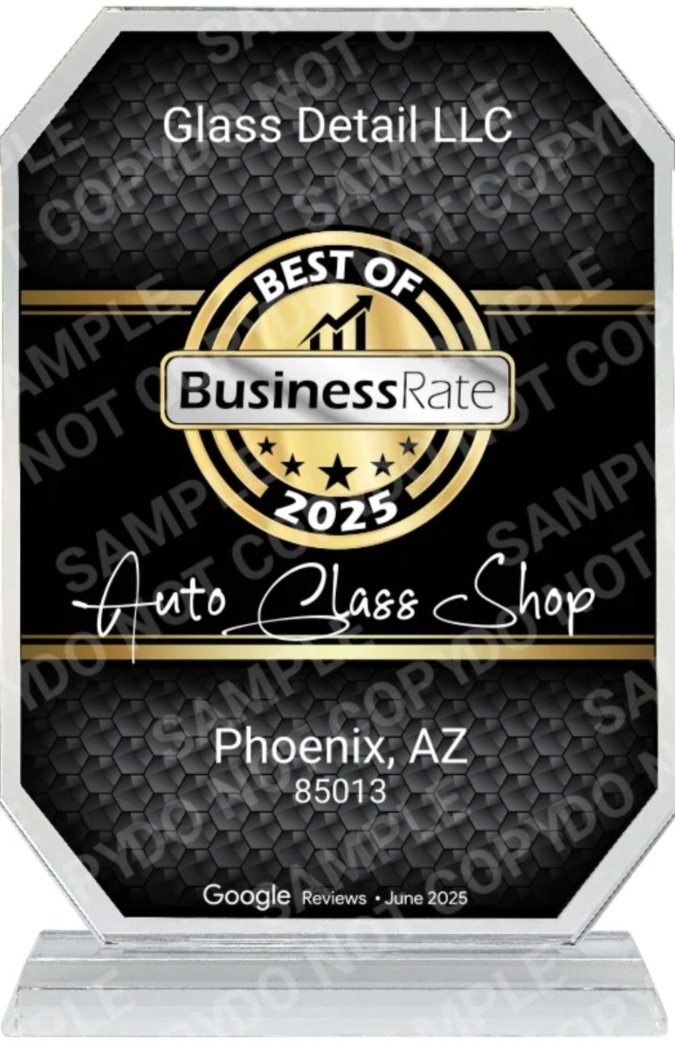 Glass plaque award for Glass Detail LLC, Best of BusinessRate 2025, Phoenix, AZ