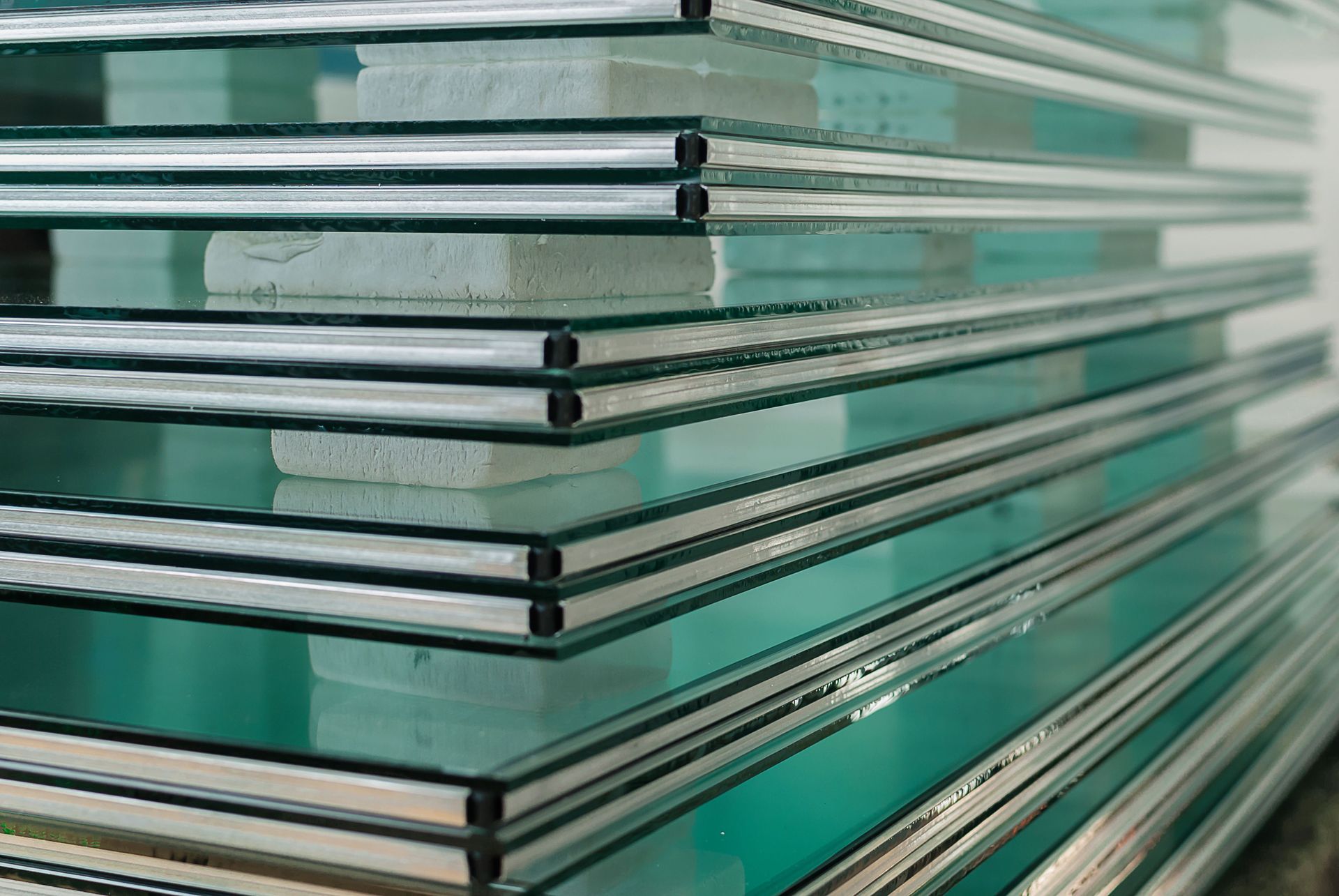 Stack of layered glass panes, with visible edges.