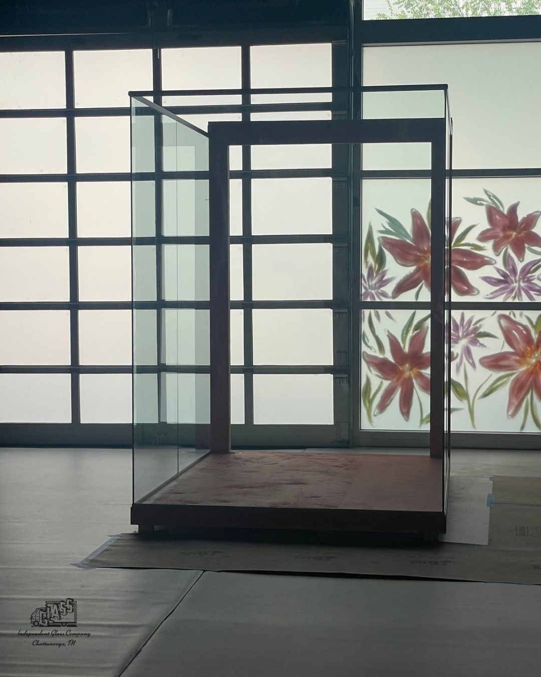 A clear glass display case with a brown wooden frame sits on a wooden floor, with a floral background visible.