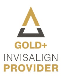 Gold Plus Invisalign Provider logo: gold and dark gray triangle over the words