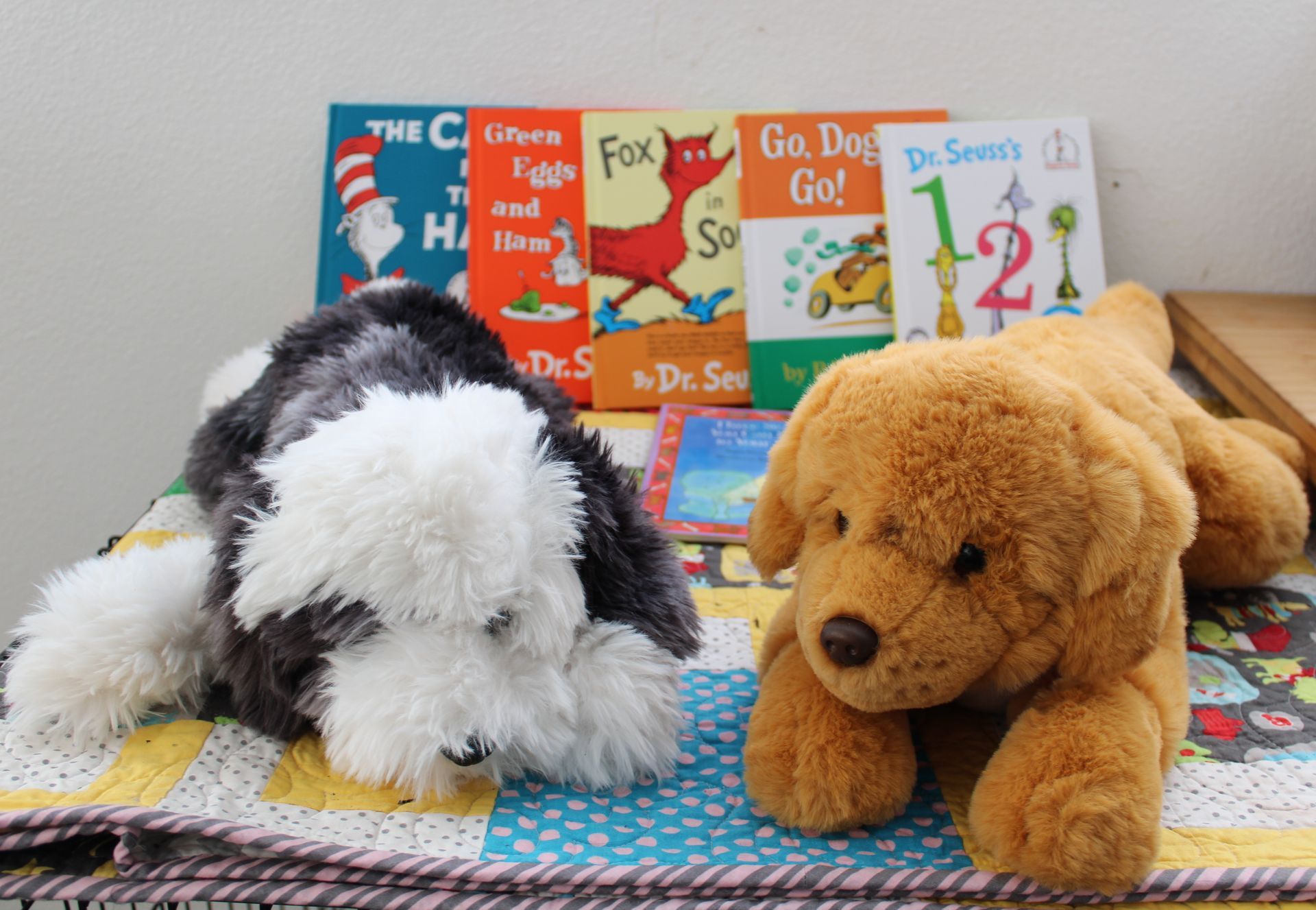 Two plush dogs on a patterned blanket with Dr. Seuss books in the background.