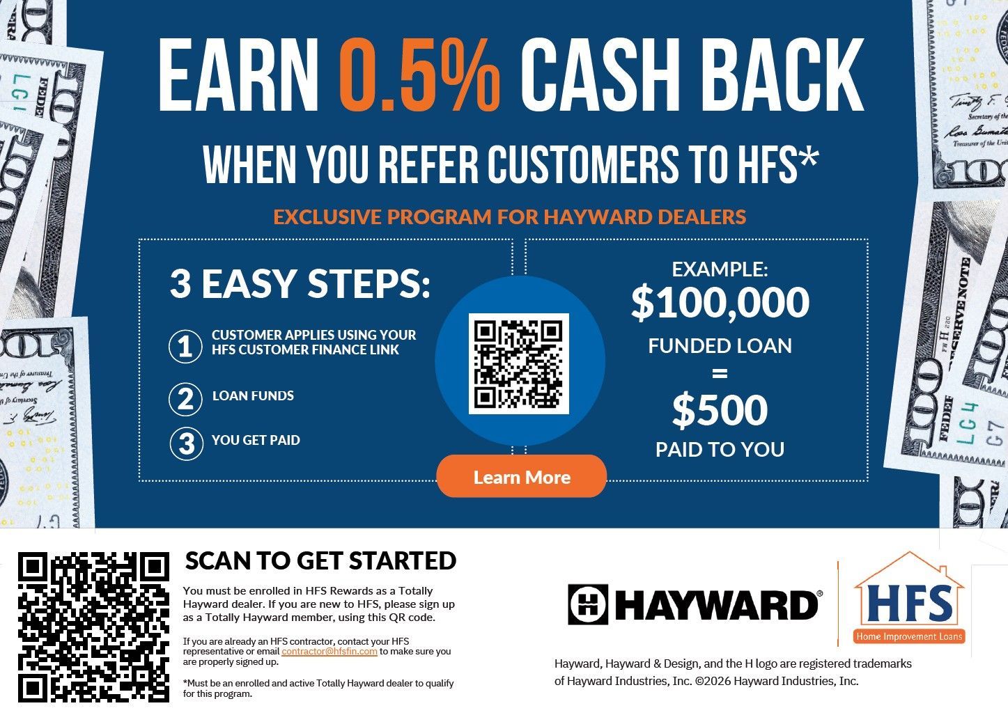 Blue Hayward HFS referral flyer offering 0.5% cash back and $100,000 or $500 rewards via QR code