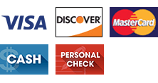Visa, Discover, MasterCard, Cash, Personal Check