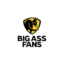 Big Ass Fans logo: black fan silhouette inside a yellow shield with bold black text below