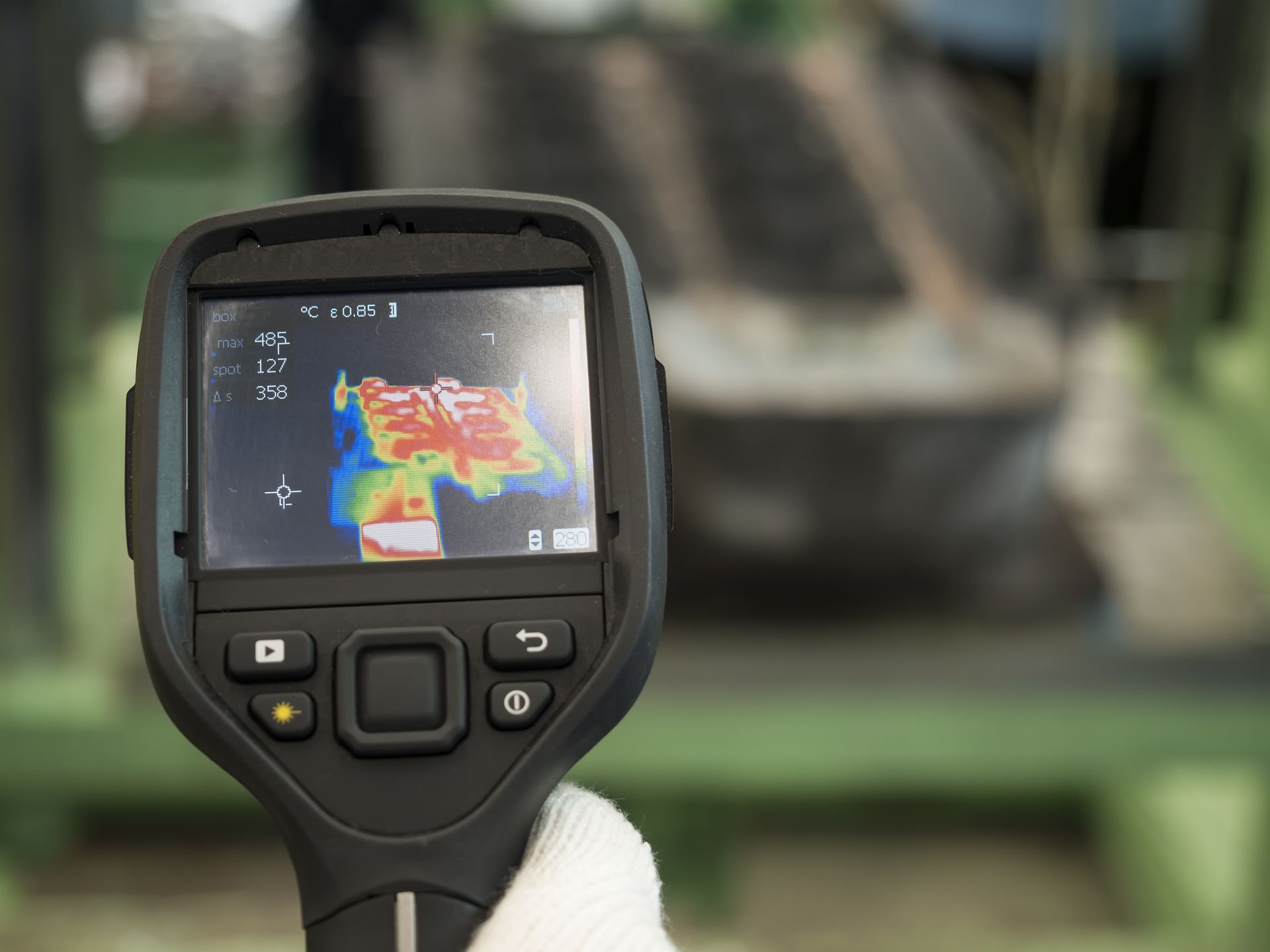 Handheld thermal camera displaying a colorful heat map of a vehicle in the background