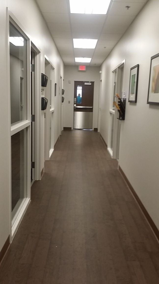 Long office hallway with white walls, wood floor, framed art, and ceiling lights