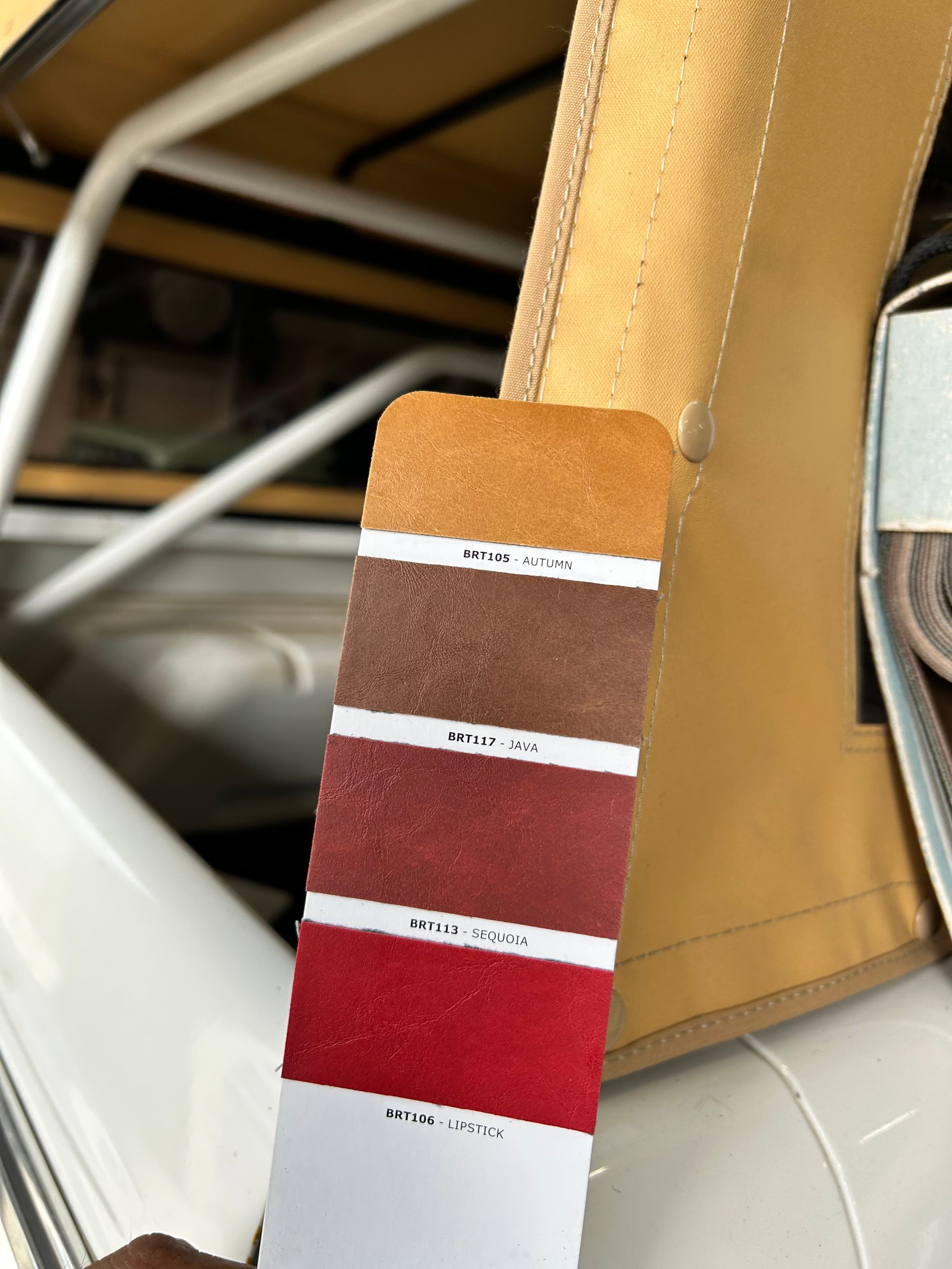 Color swatches in shades of tan, brown, and red held next to a tan car interior.