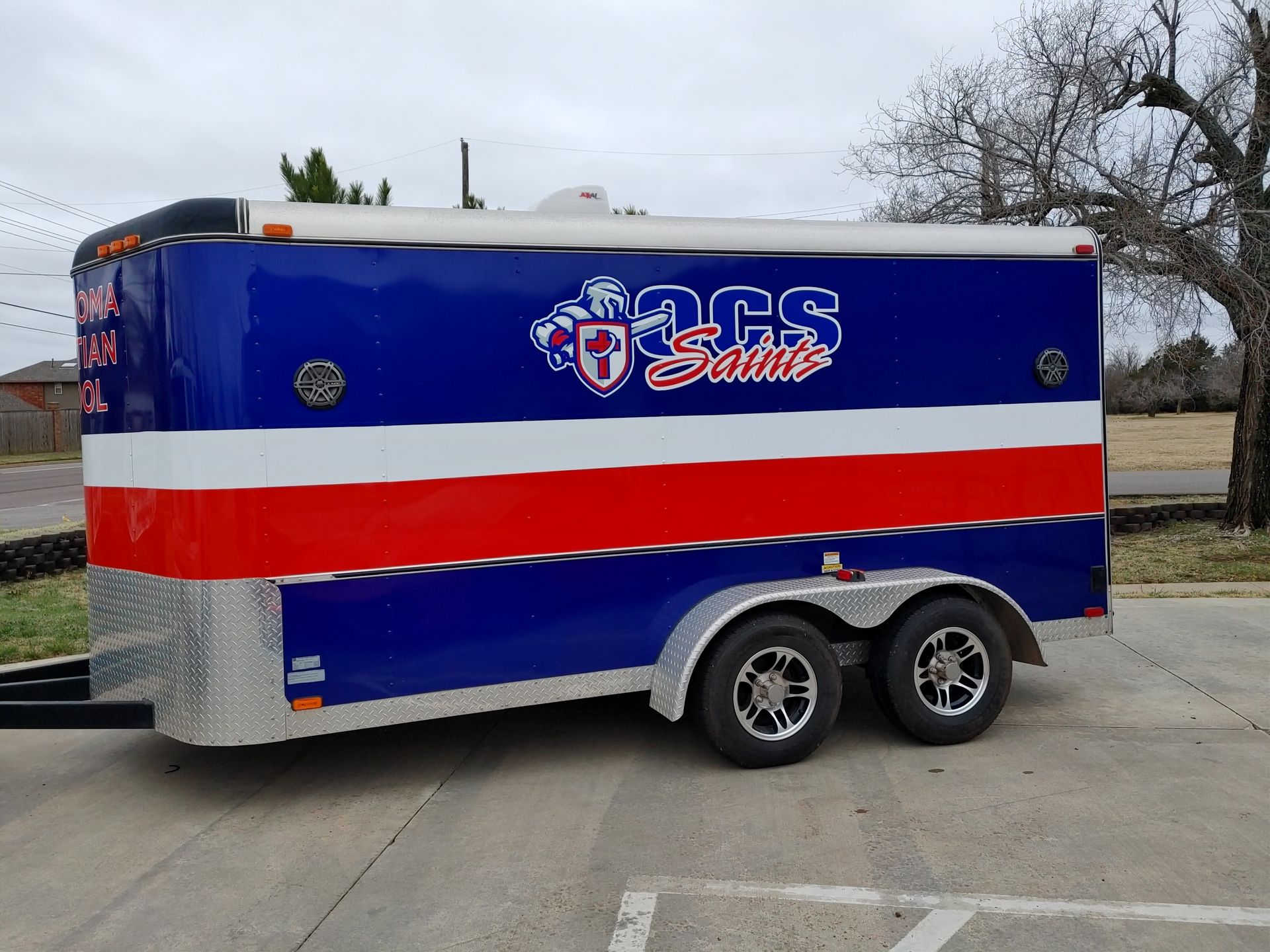 Blue, red, and white trailer with 