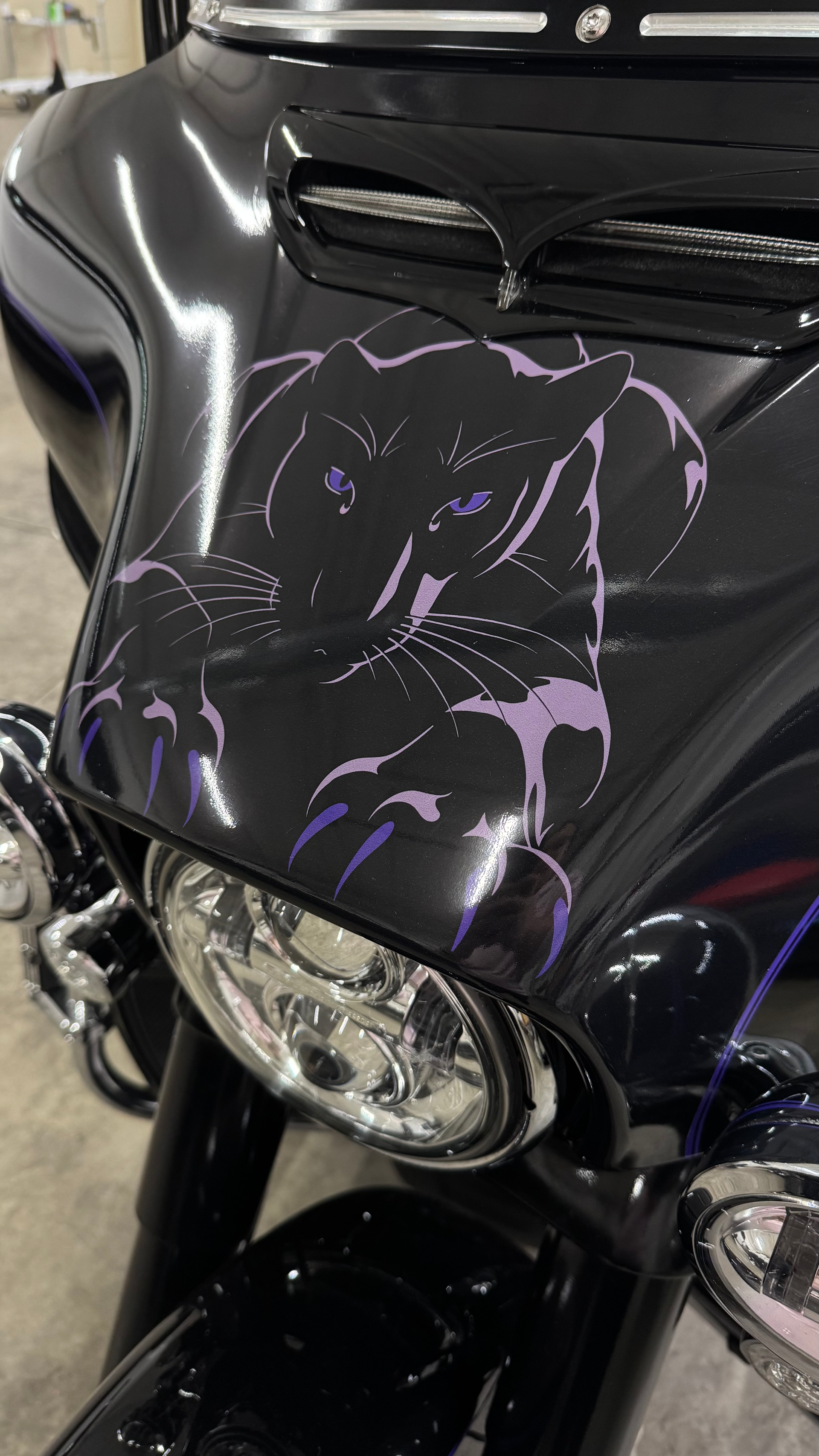 Black motorcycle fairing with a purple panther graphic, headlight visible.