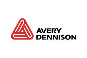 Red and white Avery Dennison logo: triangle design with stacked lines and company name.