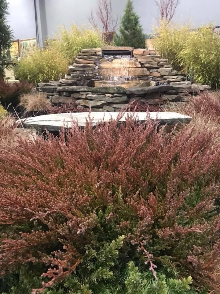 There is a waterfall in the middle of a garden surrounded by trees and bushes.
