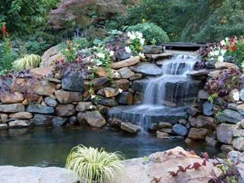 A waterfall is surrounded by rocks and flowers in a garden
