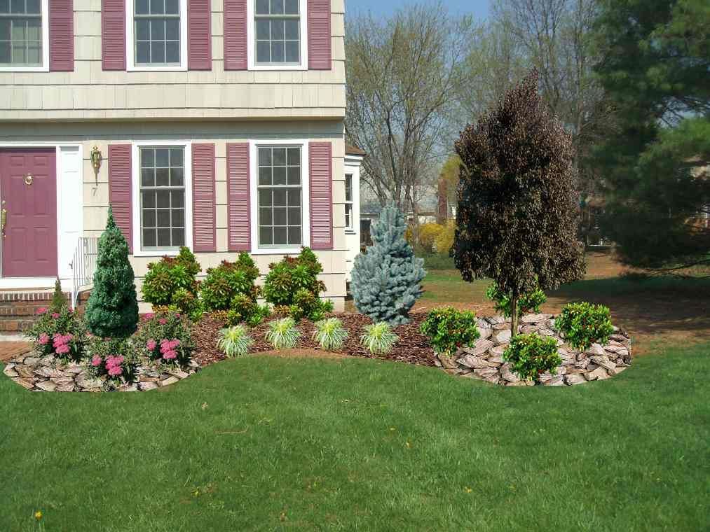 A house with purple shutters and a lush green lawn