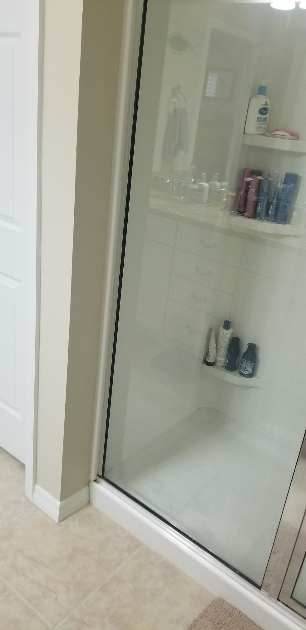 A bathroom with a walk in shower with a glass door and shelves.