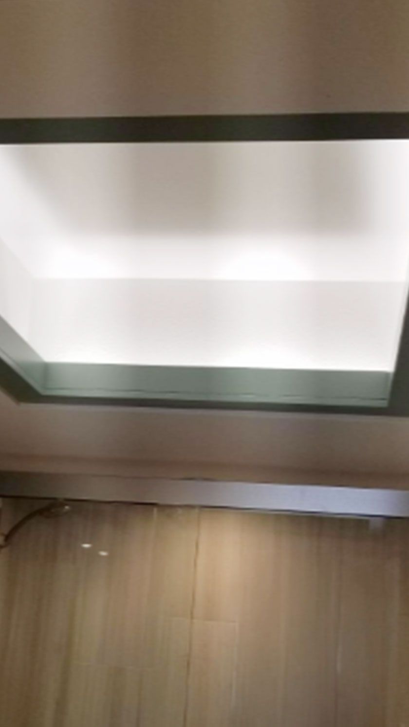 Rectangular ceiling light fixture with a green trim, above a wall with wooden panels