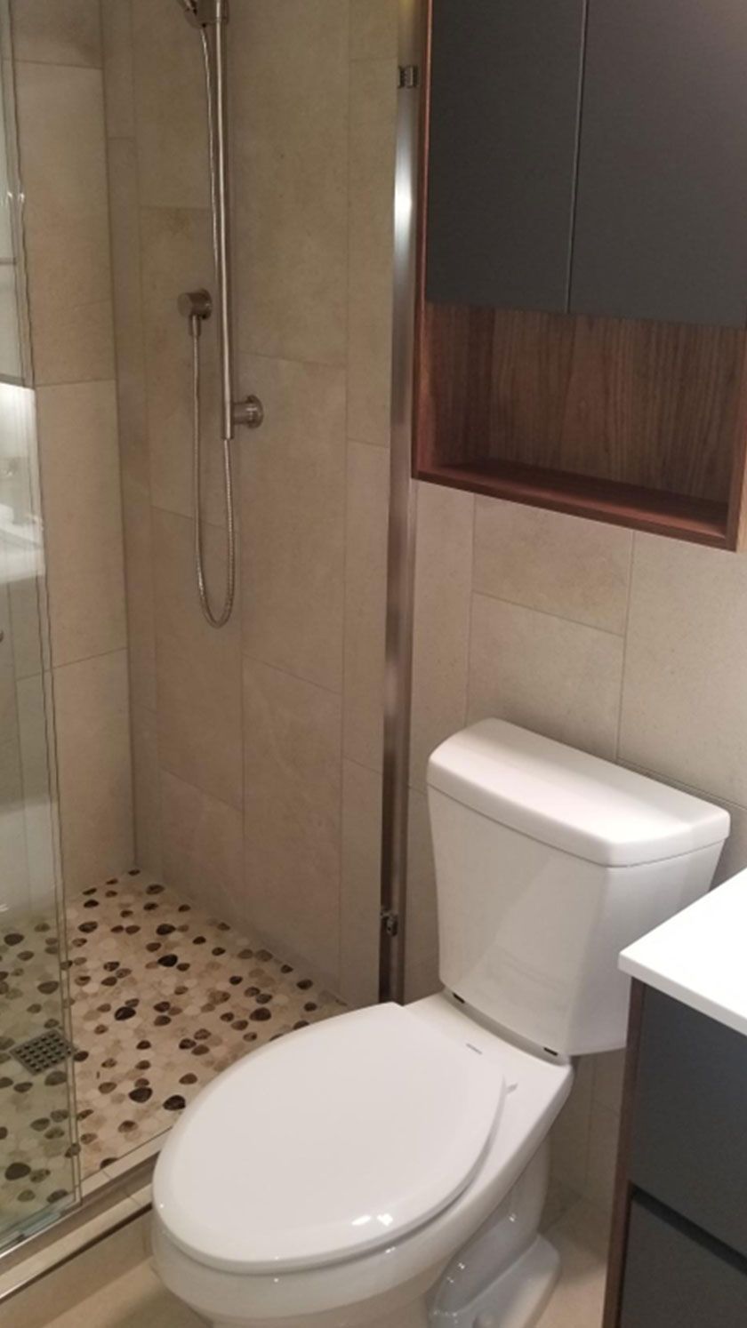 Bathroom with a shower, toilet, and storage cabinet