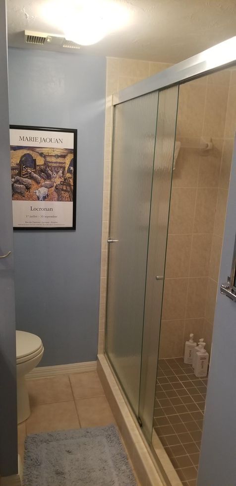 Blue bathroom with shower stall, toilet, and wall poster under a bright ceiling light
