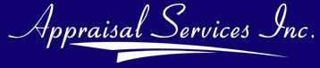 "Appraisal Services Inc." logo on a blue background; white cursive font with curved accent lines.
