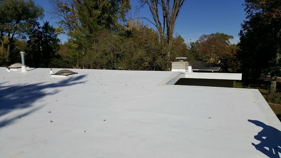 A flat white roof on a sunny day with chimneys, skylights, and tree-lined surroundings.