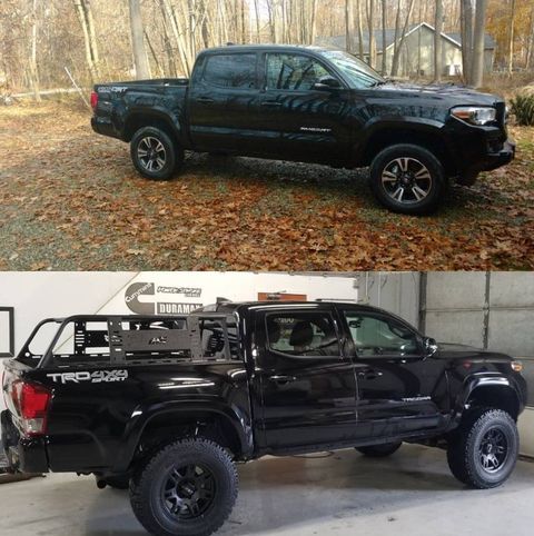 Two black trucks; the bottom one modified with off-road tires and a bed rack.