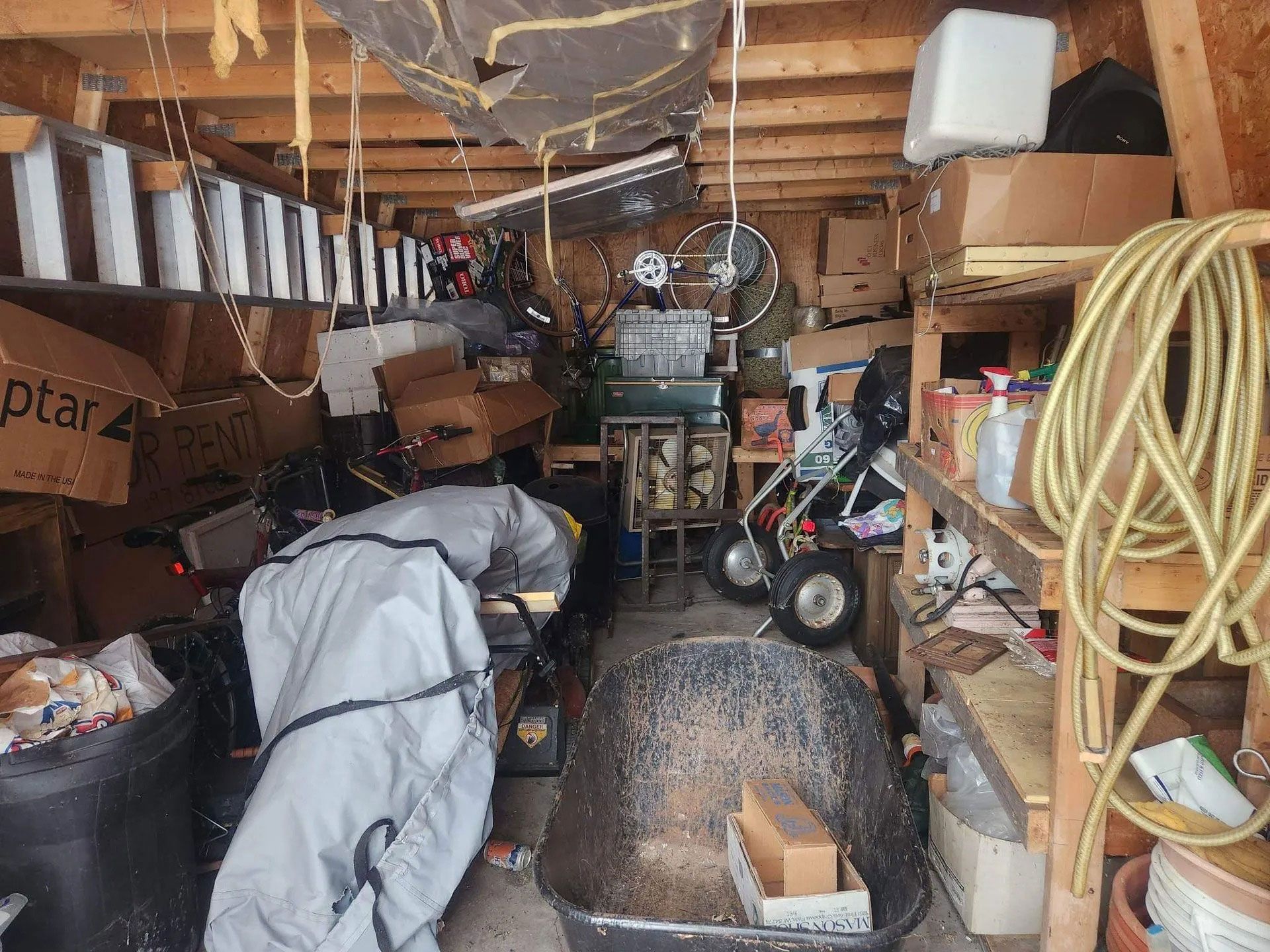A cluttered storage shed filled with boxes, a wheelbarrow, a covered item, and various tools on shelves.