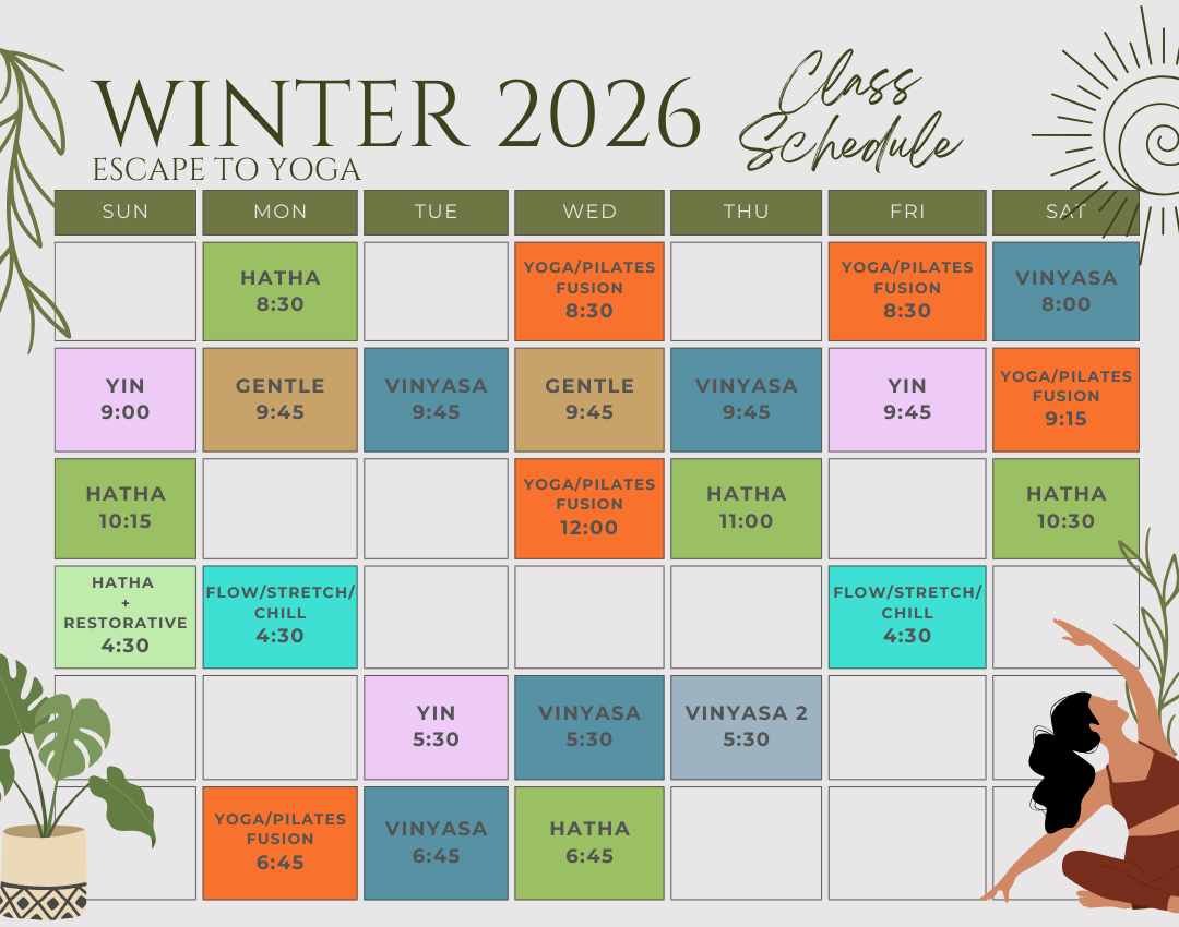 Yoga class schedule for Winter 2026. Includes class types, times, and days of the week, with illustrations.
