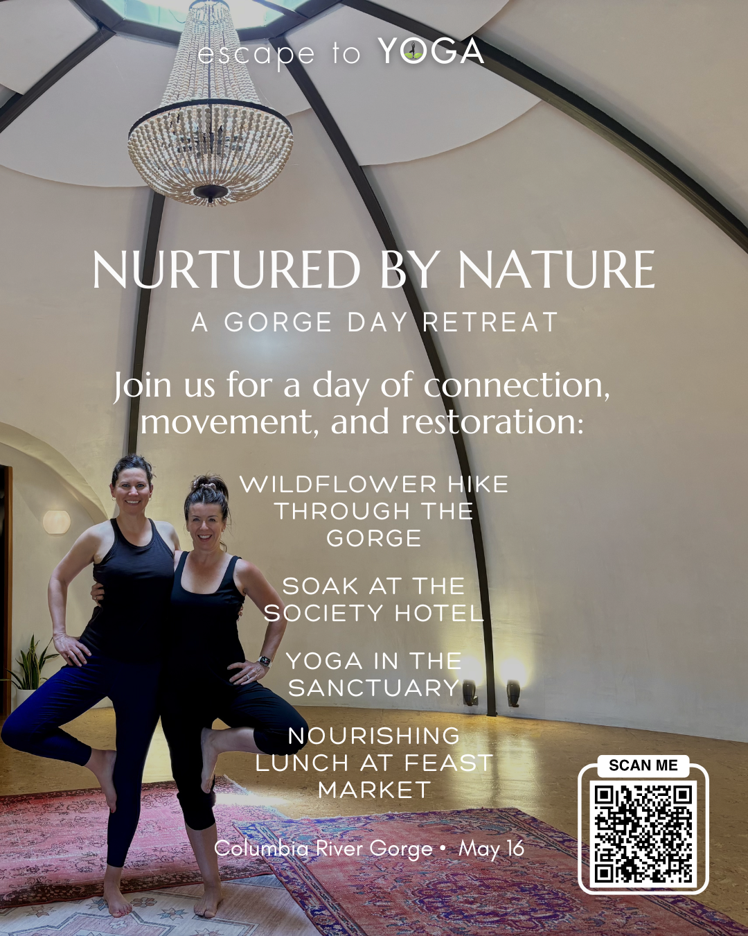 Two people practicing tree pose in a bright, modern yoga studio beneath a chandelier, promoting a gorge day retreat.