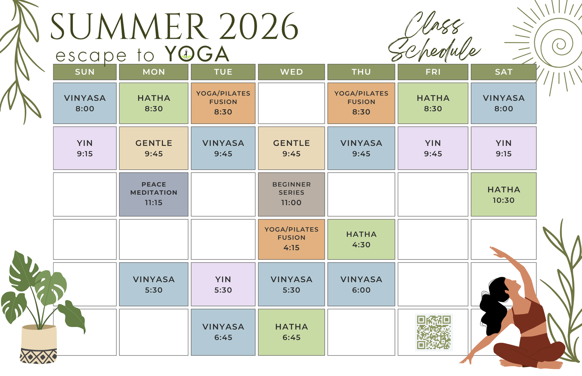 Summer 2026 “Escape to Yoga” class schedule calendar with pastel color blocks and yoga illustrations