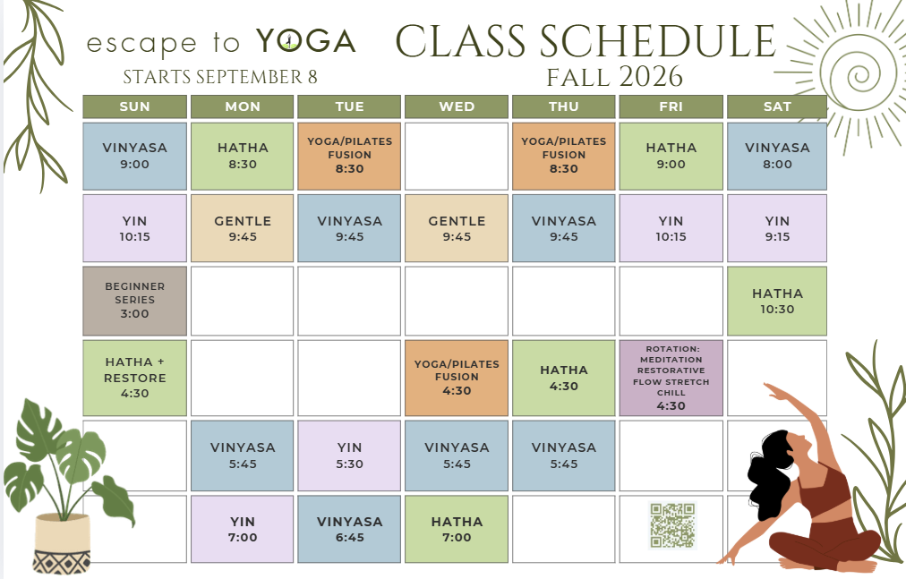 Fall 2026 Escape to Yoga class schedule calendar with pastel weekly blocks and yoga-themed illustrations