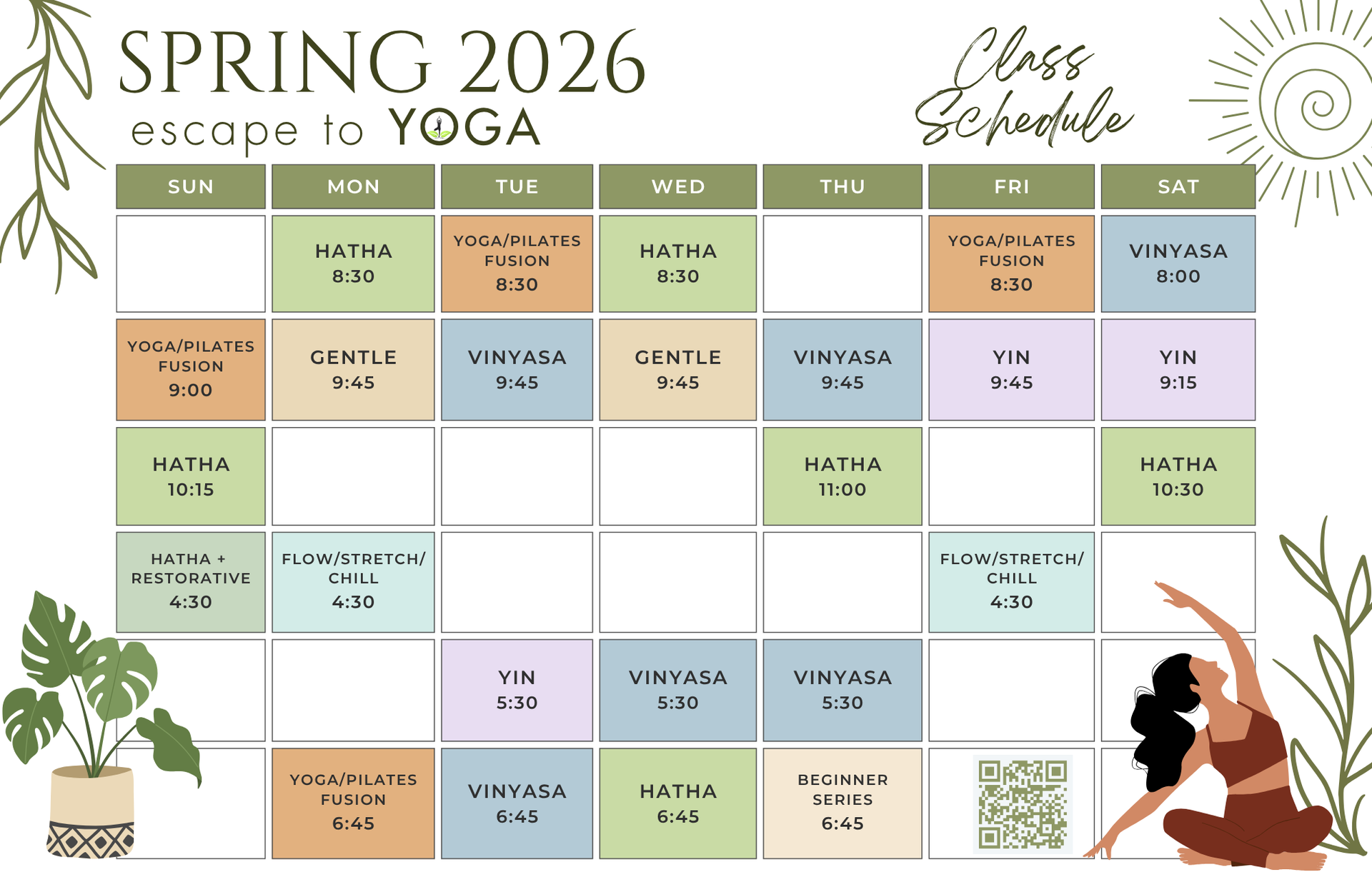 Spring 2026 yoga class schedule table with color-coded daily sessions, decorative plant icons, and a QR code.