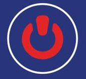 Red power button symbol within a white circle on a blue background.