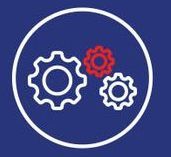 Three gears, one red, inside a white circle on a blue background.