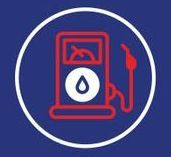 Red gas pump icon with a white drop in the middle, inside a blue circle with a white outline.
