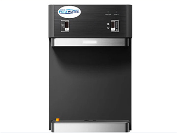 A black water dispenser is sitting on a white surface.